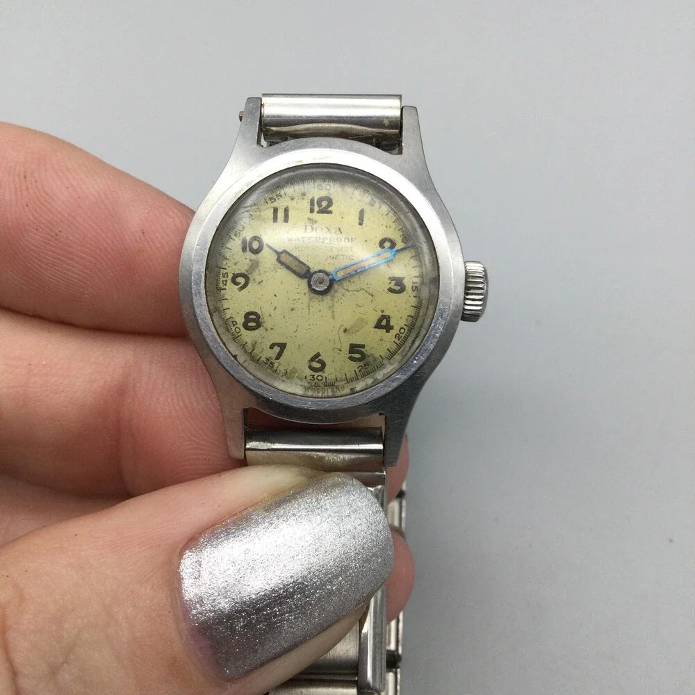 Vintage 1940s Doxa Military Watch 24mm Silver Tone Steel Bracelet Manual Wind